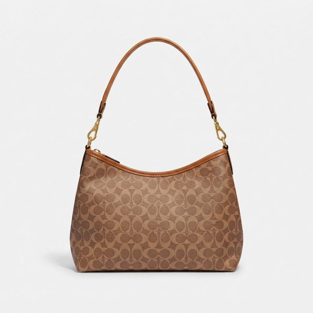 Classic Tan Monogram Hobo Shoulder Bag with Detachable Crossbody Strap
