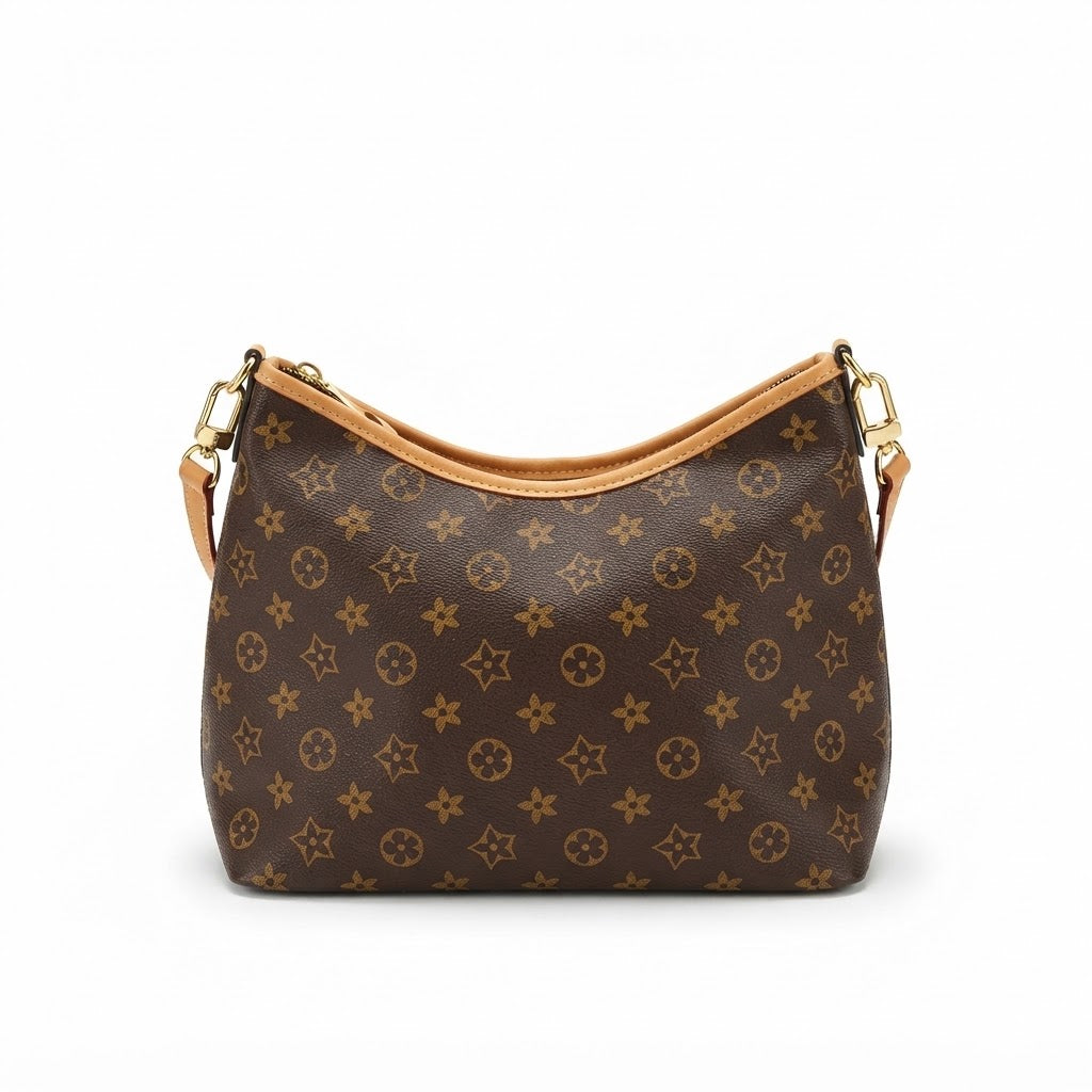Classic Monogram Print Hobo Shoulder Bag with Tan Trim & Long Crossbody Strap