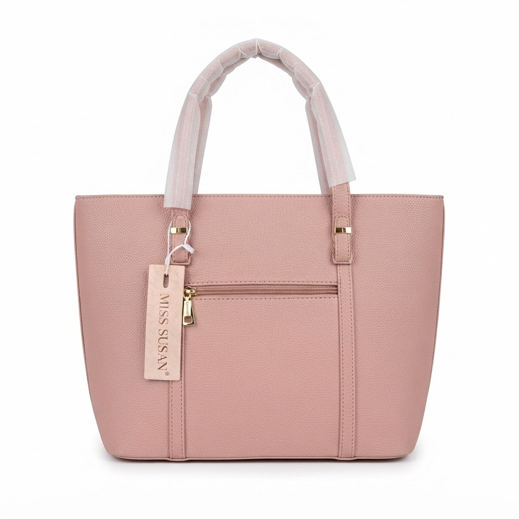 Chic Blush Pink Structured Tote Bag with Gold Hardware & Back Zip Pocket