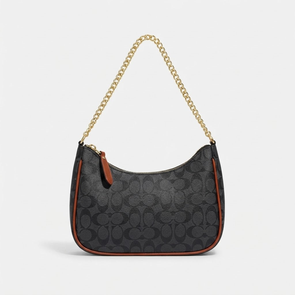 Chic Black Monogram Hobo Shoulder Bag Set with Gold Chain & Matching Pouch