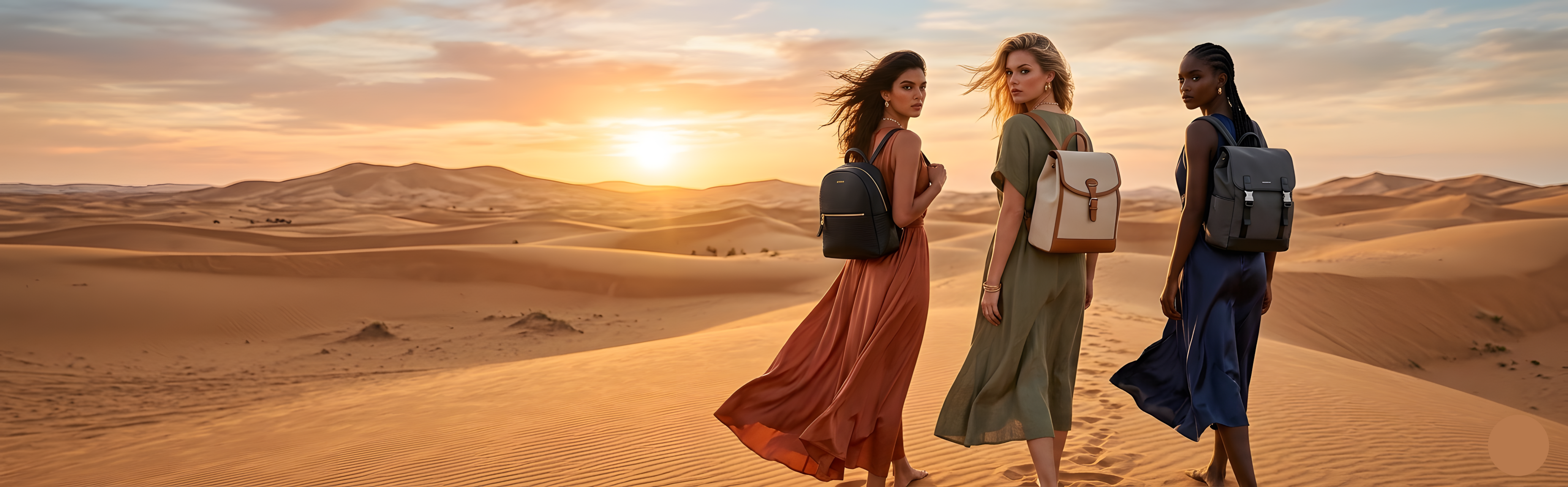 Three women walking in a desert landscape with backpacks at sunset.