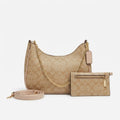 Elegant Beige Monogram Hobo Bag Set with Gold Chain & Matching Slim Wallet