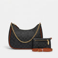Chic Black Monogram Hobo Shoulder Bag Set with Gold Chain & Matching Pouch